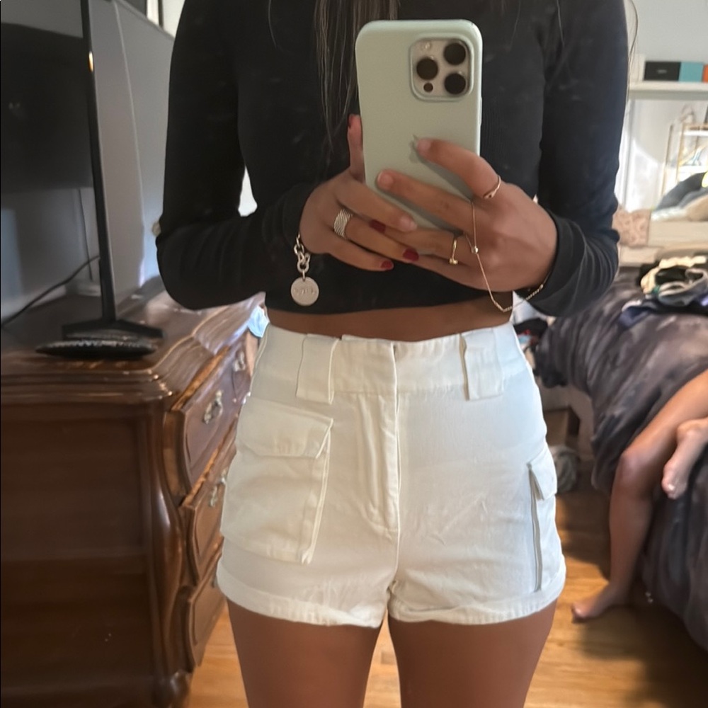 TNA White Cargo Shorts High-Waisted Relaxed Fit